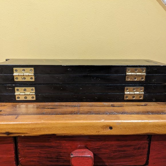 Vintage Asian Geisha Folding Tabletop Screen Divider - black lacquer wood screen - Picture 14 of 15